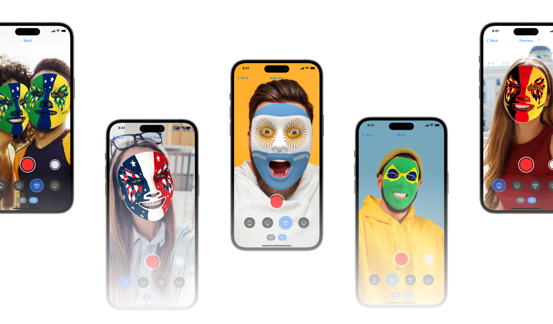 An image of the application user interface. It includes five mobile devices with people using face filters.